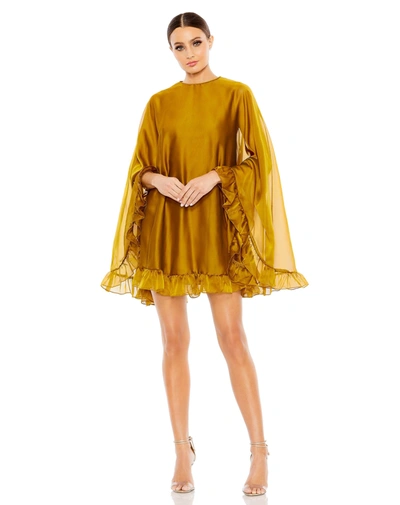 Ieena For Mac Duggal High Neck Ruffle Hem Cape Mini Dress In Antique Gold