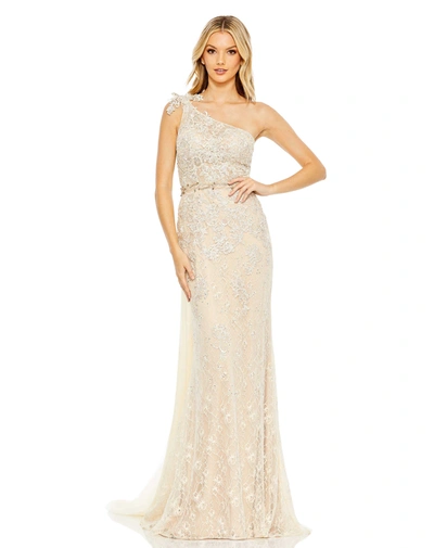 Mac Duggal Lace One Shoulder Train Gown In Ivory Nude