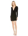 Mac Duggal Long Sleeve Front Knot Jersey Mini Dress In Black