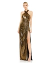 Mac Duggal Metallic Criss Cross Halter Neck Gown In Green