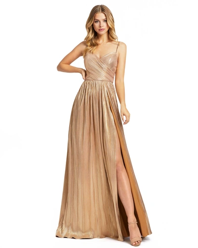 Ieena For Mac Duggal Metallic Ruched A Line Gown In Gold