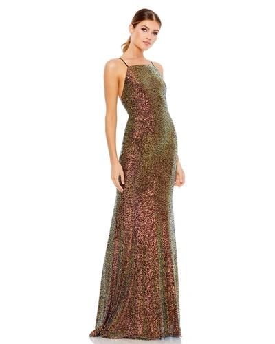 Ieena For Mac Duggal Multi-colored Sequined Square Neck Gown In Copper