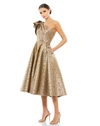 Mac Duggal One-shoulder Metallic Brocade Midi Cocktail Dress In Antique Bronze
