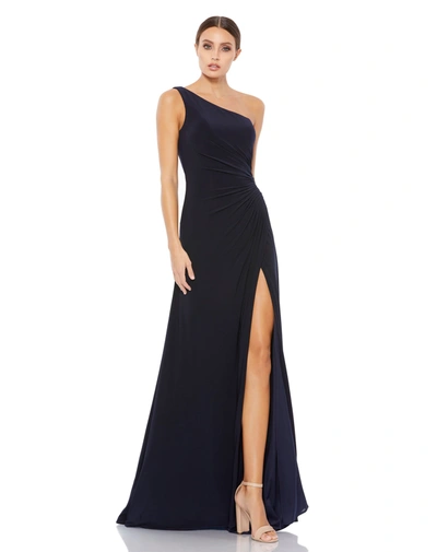 Ieena For Mac Duggal One Shoulder Ruched Jersey Evening Gown In Midnight