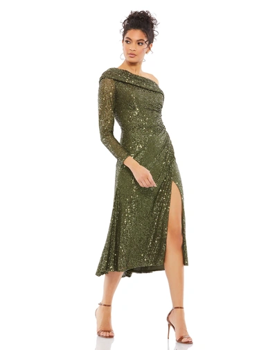 Ieena For Mac Duggal One Shoulder Sequin Long Sleeve Midi Dress In Olive
