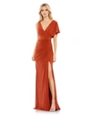 Mac Duggal One Shoulder Sleeve Scoop Back Jersey Gown In Brick