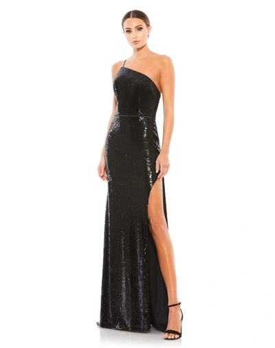 Ieena For Mac Duggal Sequined One Shoulder High Slit Gown In Black