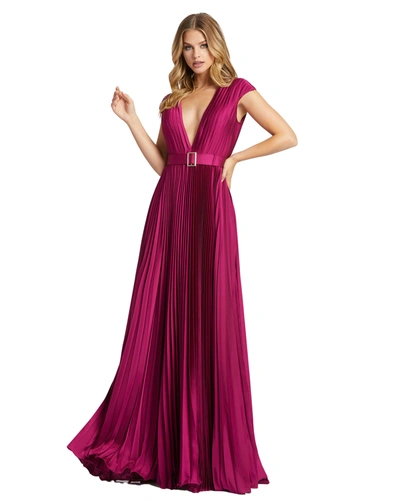 Mac Duggal Purple Pleated Plunge Neck Belted A Line Gown In Us 14