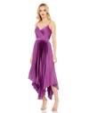 Mac Duggal Flowy Pleated Hankerchief Hem Satin Dress In Amethyst