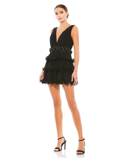 Ieena For Mac Duggal Pleated Tiered Ruffle Mini Dress In Black