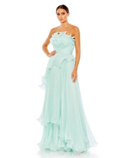 Mac Duggal Pleated Tiered Ruffled Strapless Gown In Mint
