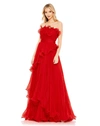 Mac Duggal Pleated Tiered Ruffled Strapless Gown In Red