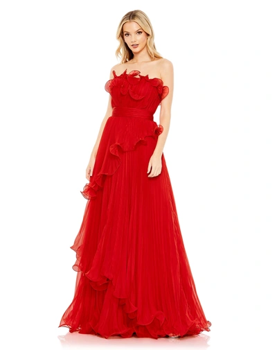 Mac Duggal Pleated Tiered Ruffled Strapless Gown In Red