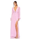 Mac Duggal Plunge Neck Lace-up Long Sleeve Gown In Lilac