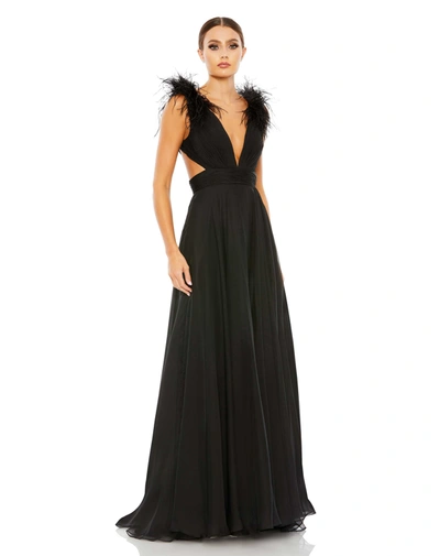 Ieena For Mac Duggal Plunge Ostrich Feather A Line Gown In Black