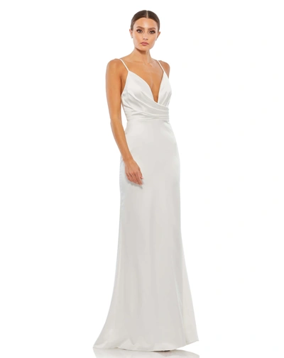 Ieena For Mac Duggal Plunging Faux Wrap Sleeveless Evening Gown In White