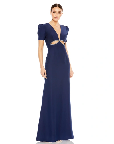 Ieena For Mac Duggal Puff Sleeve Embellished Cutout Evening Gown In Navy