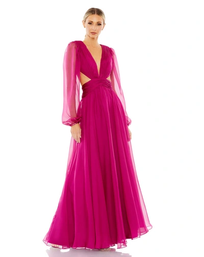Ieena For Mac Duggal Ruched Cut Out Puff Sleeve A Line Gown In Berry