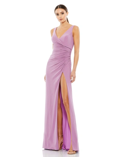Ieena For Mac Duggal Ruched Stretch Jersey V-neck Gown In Lilac