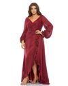 Mac Duggal Metallic Stripe Long Sleeve Wrap Front Gown In Burgundy
