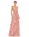 Mac Duggal Floral Ruffle Cutout Detail Chiffon A-line Gown In Rose Multi