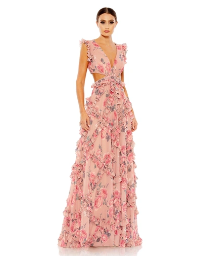 Mac Duggal Ruffled Cut Out Cap Sleeve V Neck Gown In Rose Multi