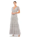 Mac Duggal Sequin-embellished V-neck Ruffle-tiered Gown In Platinum