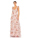 Mac Duggal Ruffled Sleeveless Draped Tiered Floral Print Gown In Pink Multi