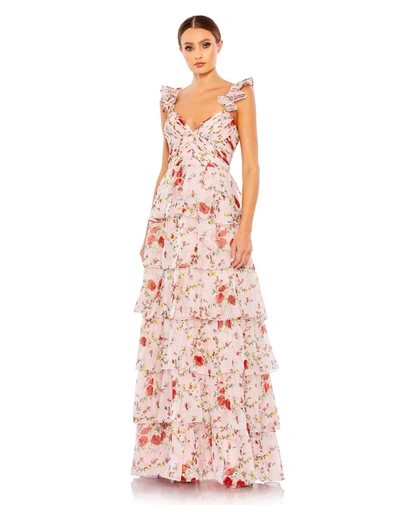 Ieena For Mac Duggal Ruffled Sleeveless Draped Tiered Floral Print Gown In Pink Multi