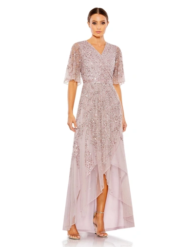 MAC DUGGAL SEQUINED BUTTERFLY SLEEVE HIGH LOW GOWN