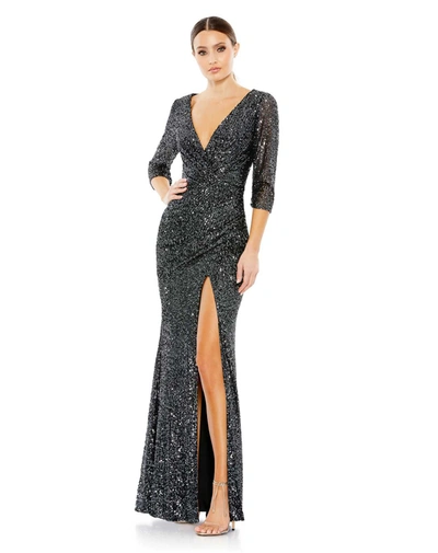 Ieena For Mac Duggal Sequined Draped 3/4 Sleeve Gown In Graphite