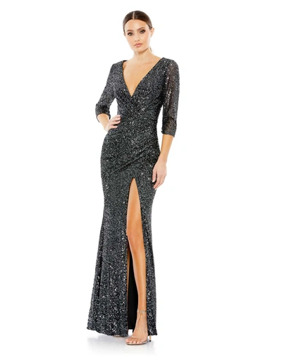 Ieena For Mac Duggal Womens Sequined Plunge Evening Dress In Graphite