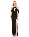 IEENA FOR MAC DUGGAL SEQUINED DRAPED SLEEVELESS KEYHOLE COWL BACK GOWN