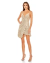 Mac Duggal Sequined Faux Wrap Ruffled Hem Mini Dress In Champagne