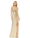 Mac Duggal Sequined Faux Wrap Sleeveless Gown In Gold