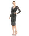 Mac Duggal Sequined Faux Wrap V Neck Long Sleeve Midi Dress In Gunmetal