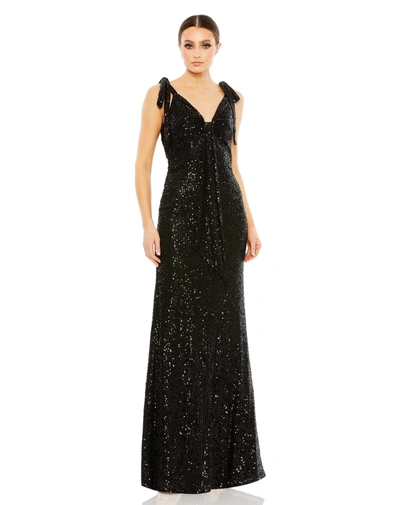 Ieena For Mac Duggal Sequined Low Back Bow Shoulder Gown In Black