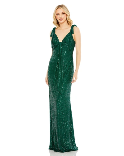 Ieena For Mac Duggal Sequined Low Back Bow Shoulder Gown In Emerald