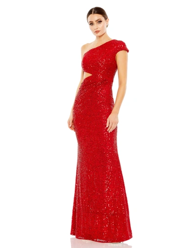 Ieena For Mac Duggal Sequined One Shoulder Cap Sleeve Cut Out Gown In Red