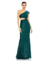 Mac Duggal Sequined One Shoulder Cap Sleeve Cut Out Gown In Teal