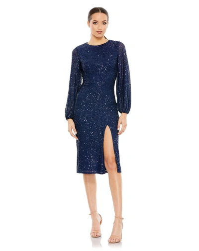 Ieena For Mac Duggal Sequined Puff Sleeve High Neck Dress In Midnight
