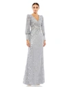 Mac Duggal Leg Of Mutton Sleeve Sheath Gown In Silver