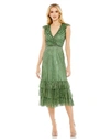 Mac Duggal Sequined Wrap Over Cap Sleeve Ruffle Hem Dress In Sage