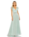 Mac Duggal Sequined Wrap Over Ruffled Cap Sleeve Gown In Seamist