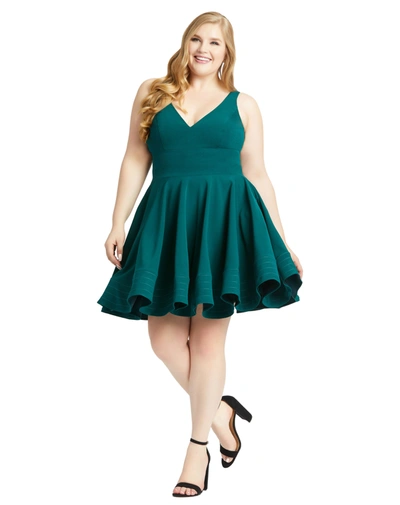 Mac Duggal Long Sleeve Plunge Neck Cocktail Midi Dress In Green