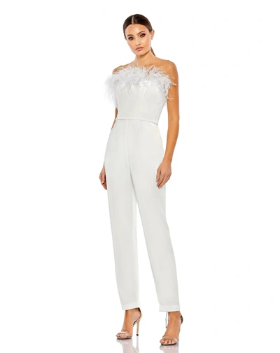 Ieena For Mac Duggal Ostrich Feather Strapless Jumpsuit Dress In White
