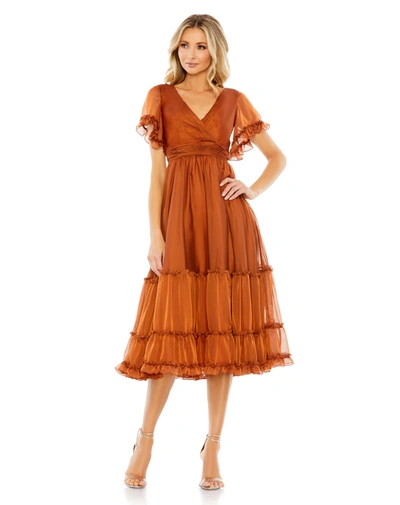 Mac Duggal Tea Length Ruffled Dress In Rust