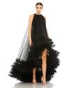 Mac Duggal Tulle High Neck Sleeveless Ruffled Hem Hi-lo Gown In Black