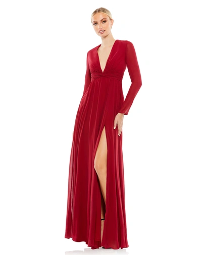 Ieena For Mac Duggal V-neck Front Twist Long Sleeve Gown In Bordeaux