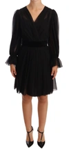 Dolce & Gabbana Black Mesh Pleated Mini Silk Stretch Dress In Black